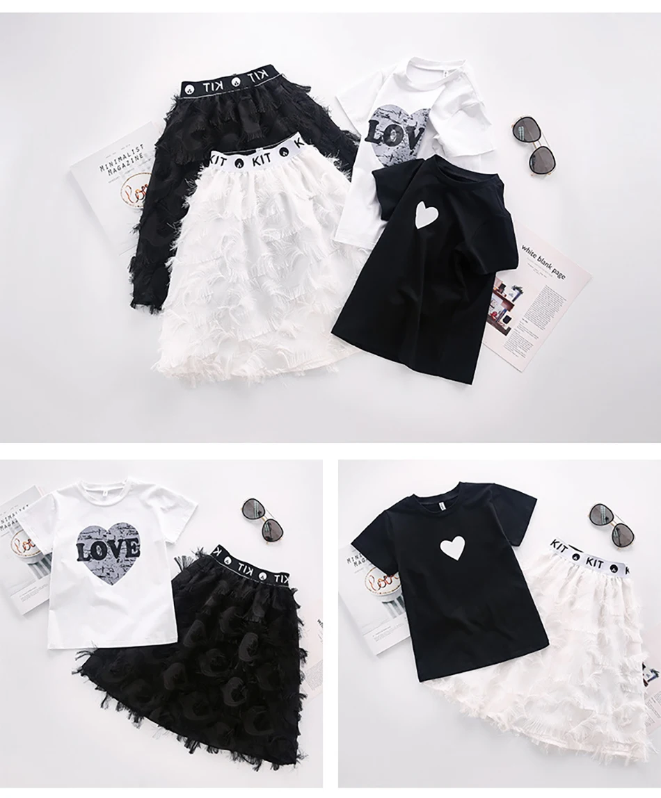 

2021 Girls New 2Pcs Clothing Suit Cute Yarn Skirt And Short Sleeve T-Shirt Little Girls Summer Fashion Casual Outfits Age 3-9Y