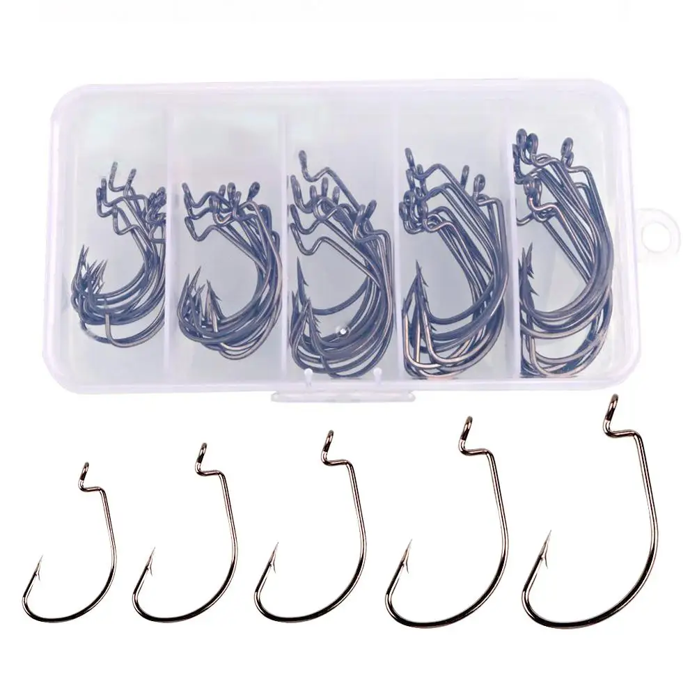 

Набор крючков для джига из высокоуглеродистой стали, черные никелевые рыболовные крючки, Техасская оснастка Мягкая приманка, червь Senko, крю...
