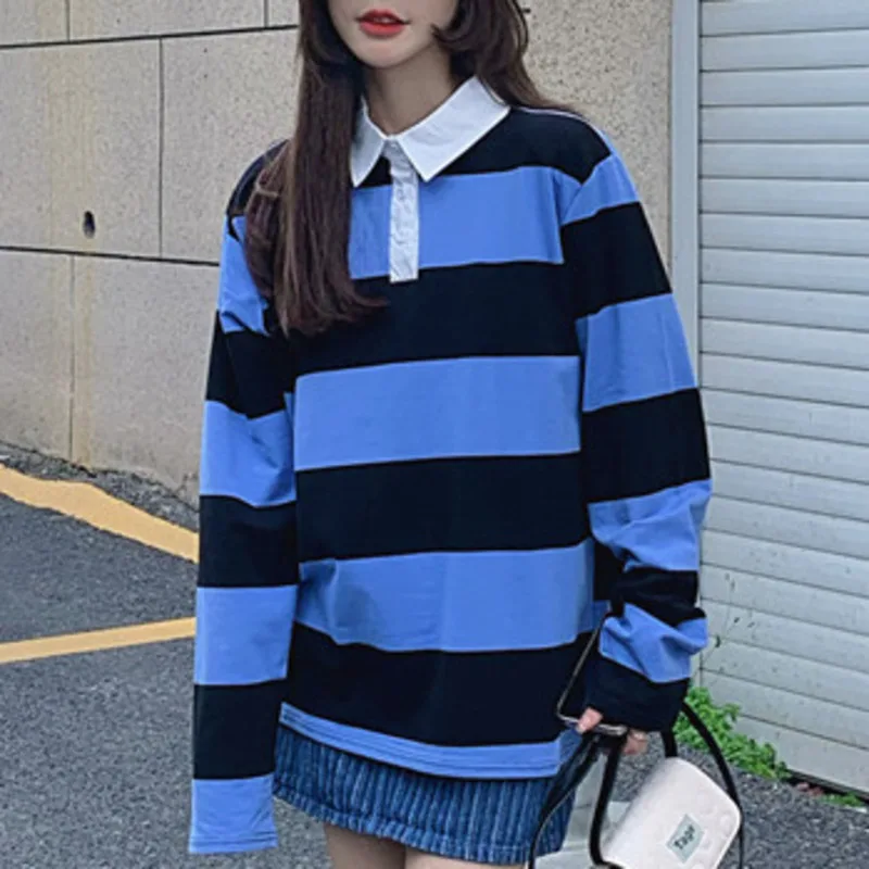 

Women Jumper Polo Collar Sweatshirt Patchwork Without Hoodie Pullover Stripe Straight All Match Long Sleeve Tops Spring Autumn
