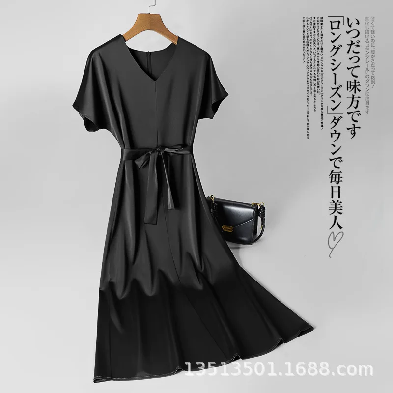 

Japanese triacetic acid satin dress women's 2021 summer new loose V-neck A-line skirt