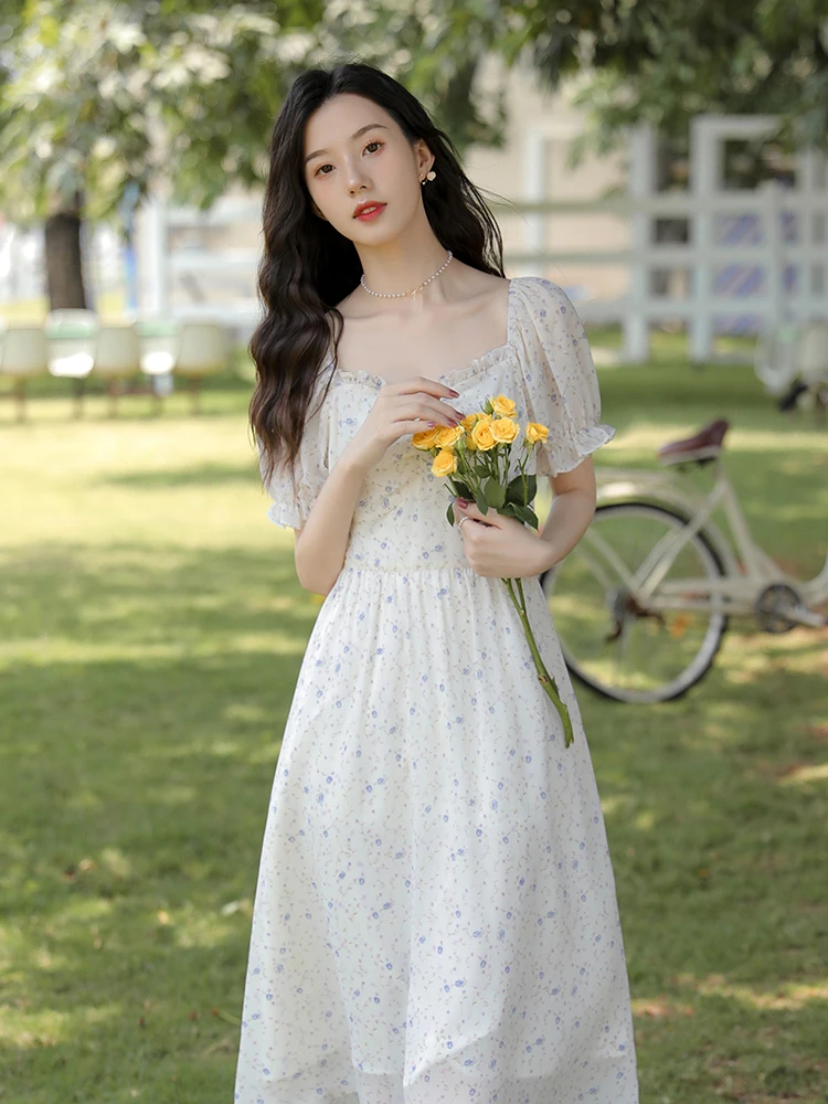 

Gentle Wind Long A-line Skirt Temperament Small French First Love Sweet Tea Break Puff Sleeve Chiffon Floral Dress Female Summer