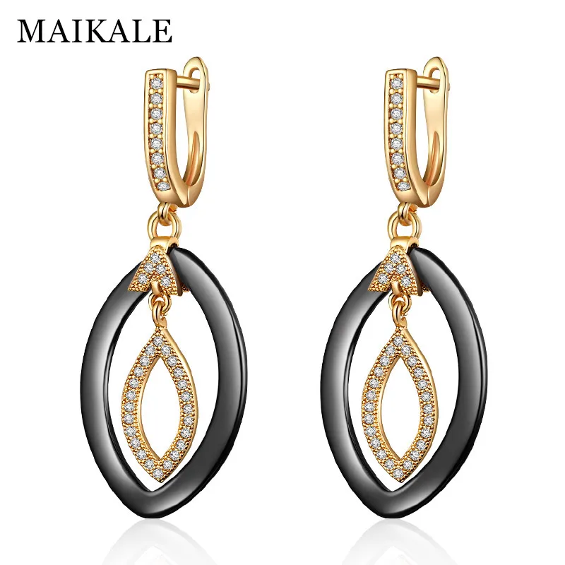 MAIKALE, новинка, модные серьги-капли, медь, AAA, кубический цирконий, черный, белый цвет, керамическая подушка, золото, серебро, цвет, серьги для женщин - Окраска металла: gold black