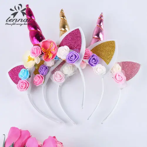 

Fashion Magical Unicorn Horn Floral Head Party Kid Headband Fancy Dress Decorative Gifts 2021