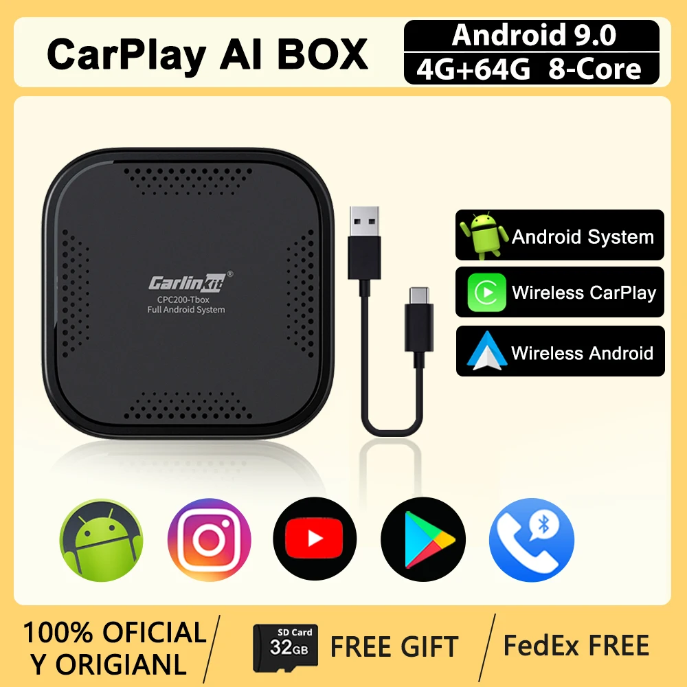 

Автомобильный Интеллектуальный мультимедийный ключ Carlinkit CarPlay Ai Box 4 + 64 ГБ/Android 9,0 для оригинального автомобиля со встроенным проводным CarPlay