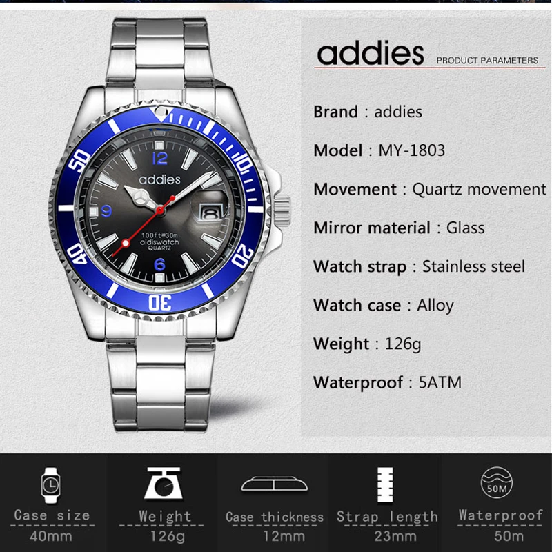 Новинка 2021 мужские часы ADDIES Роскошные Кварцевые GMT с вращающимся корпусом
