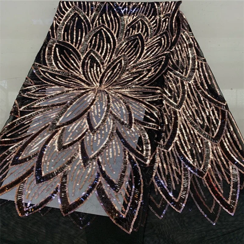Высококачественная кружевная ткань с большими блестками черного цвета 2019