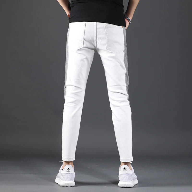 

2021 Summer Fashion Patchwork Jeans Men White Gray Stretch Slim Fit Ankle-Length Pants