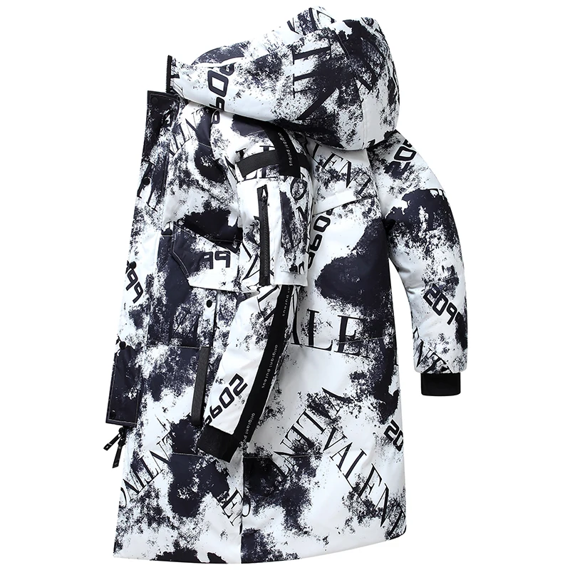 Мужская зимняя куртка на белом утином пуху с большими карманами и капюшоном |