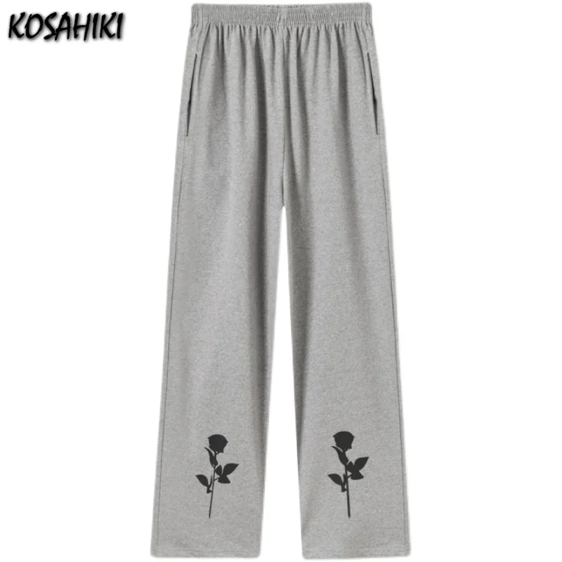

KOSAHIKI Harajuku Rose Floral Print Black Gray Pants Women Casual Trousers Loose Elastic Waist Straight Pants Streetwear Unisex