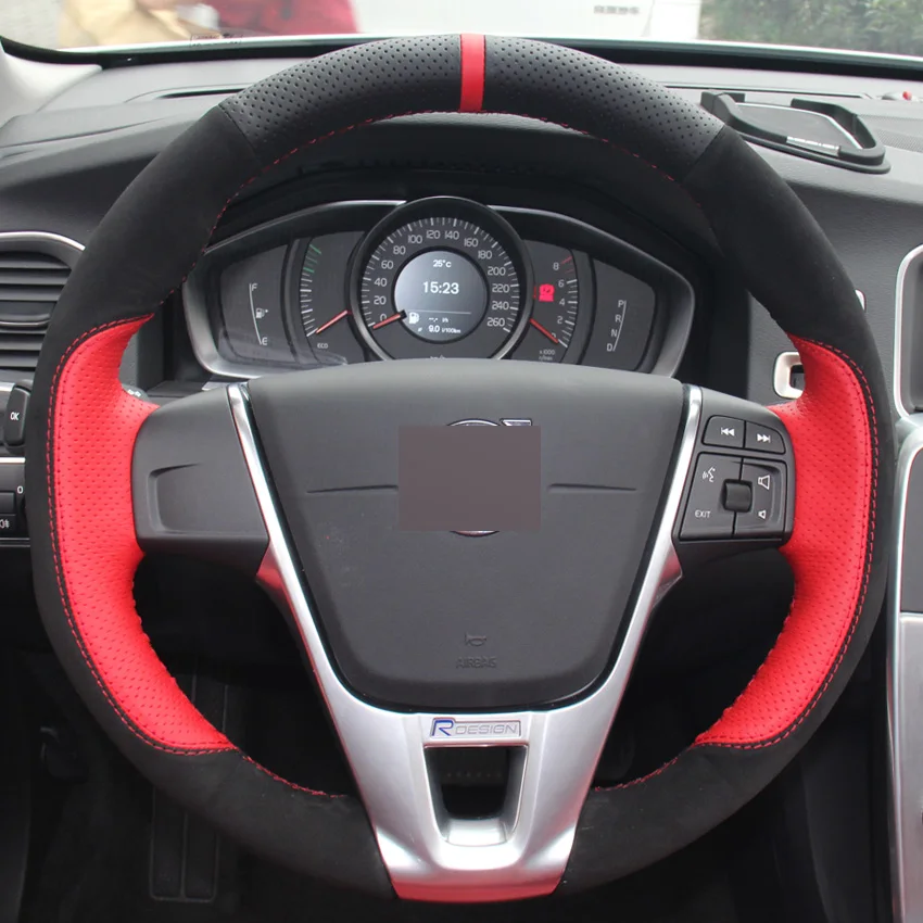 

Красные, черные кожаные черная замша DIY ручной работы чехол рулевого колеса автомобиля для Volvo S60 V40 V60 V70 2014 XC60