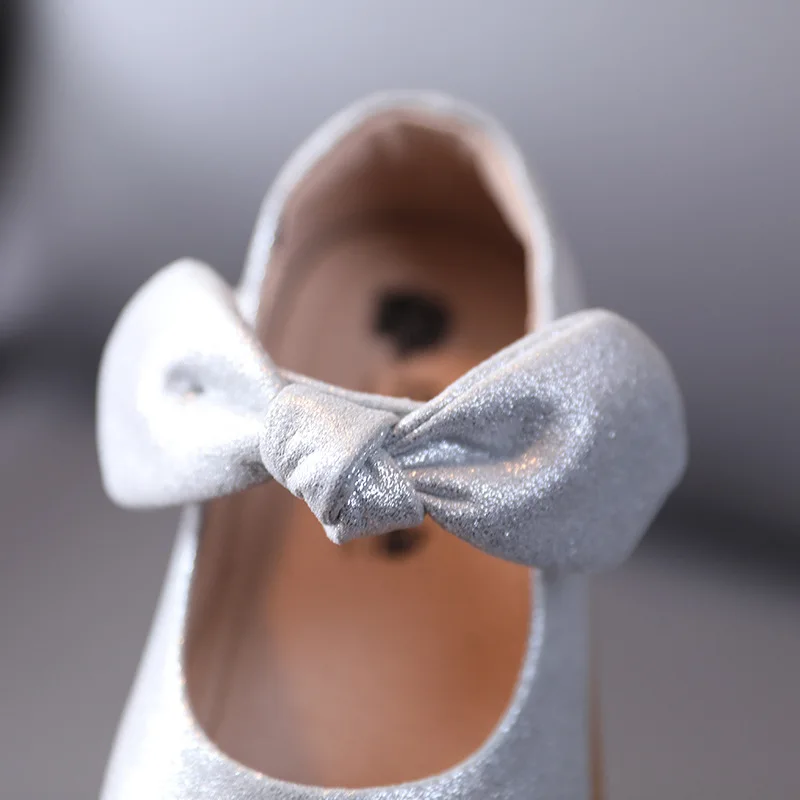 

14-19cm Brand Bling Girls Pu Leather Shoes For Girls Silver Black Pink Children's Shoes Flat Bowtie-knot Toddler Shoes 1-6Year