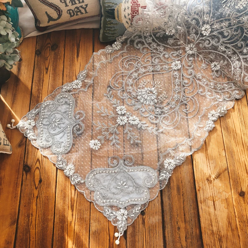 

European Style Lace Embroidered Beaded Pendant Exquisite Table Runner Pad TV Cabinet Piano Cover Cloth Camino De Mesa Decoration