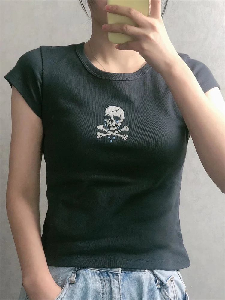 

Женская Винтажная футболка с коротким рукавом, круглым вырезом и принтом