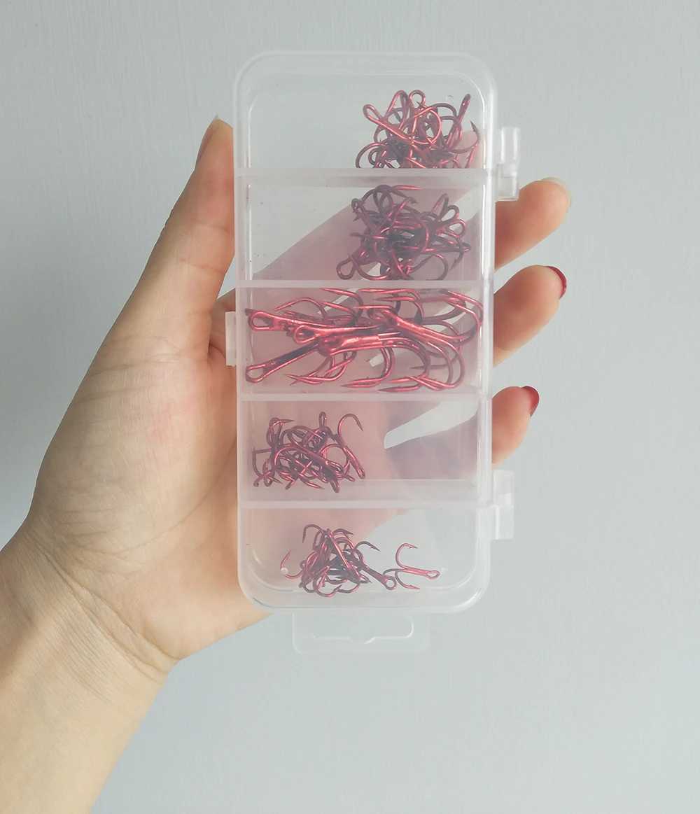 

FANGBLUE 50Pcs/Box Red Fishing Treble Hooks Barbed 2/4/6/8/10# High Carbon Steel Sea Carp Fishing Accessories Fish Hook Set