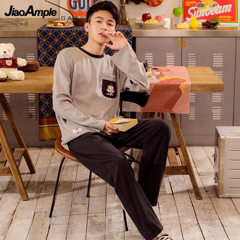 Pajamas Men's Cotton O-Neck Long-sleeved Trousers Pijamas Two-piece 2022 New Autumn Winter Cute Cartoon Homewear Sleepwear Set