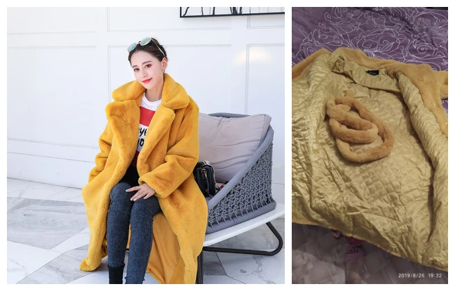 thick yellow Новая зимняя Женская Высококачественная шуба из искусственного меха кролика Роскошная длинная шуба Свободное пальто с отворотом толстые теплые плюшевые пальто больших размеров - Цвет: thick yellow