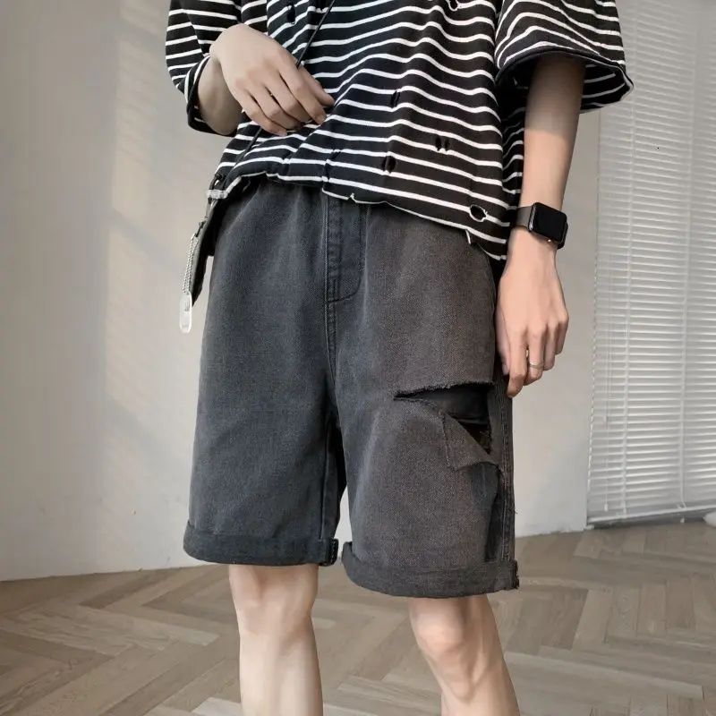 

Denim Shorts Loose Straight Wide-leg Five-point Pants Washed Personality Cut Design Jeans Casual Summer Thin Hiphop Streetwear