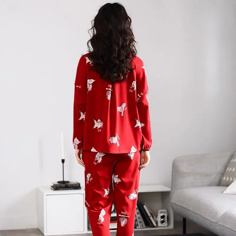 Красная Хлопковая пижама с длинным рукавом и принтом комплект для женщин женская
