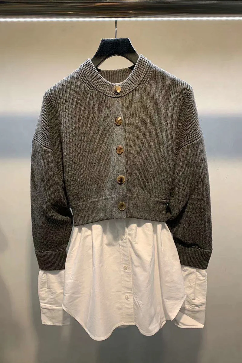 

2020 Autumn and Winter New round Neck Single-Breasted Hollow out Color Contrast Patchwork Fake Two Pieces sweater