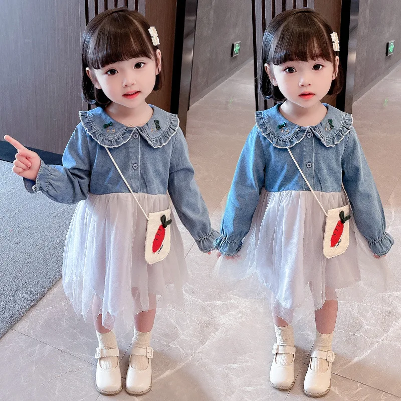 

Осеннее Новое модное Стильное детское джинсовое Сетчатое платье с прострочкой для маленьких девочек повседневная детская одежда с длинным...