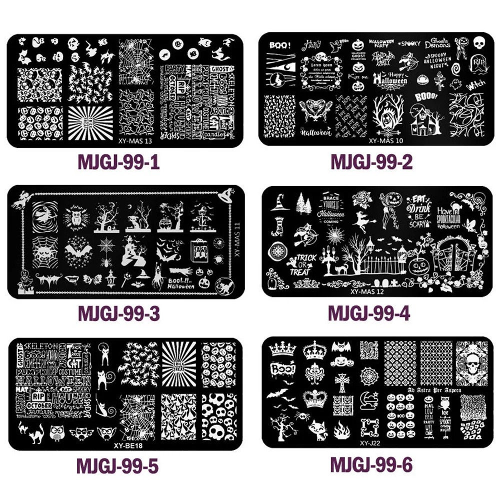 Finger-Art Nail Stamping Plates Kit Decoration Transfer Image Art Board Template Manicure Tools Halloween Design Set of 6