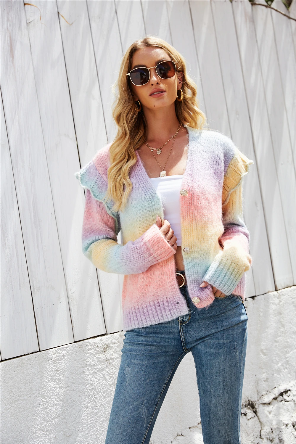 

Europe and America 2021 Autumn Winter New Women's Sweater Rainbow Tie-dye Cardigan Knitted Large Size Wood Ear Sweater Trend
