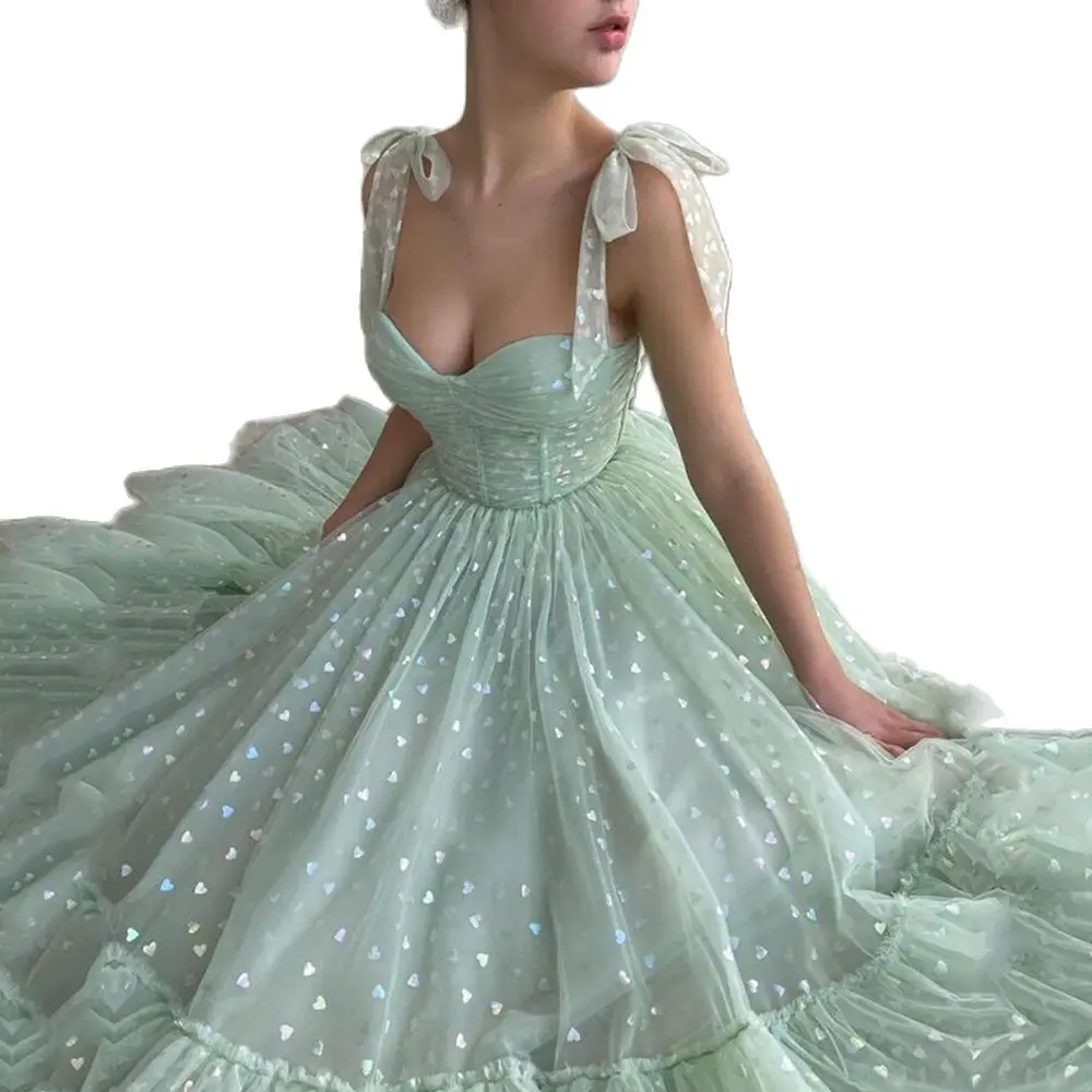 

Glitter Sweetheart Prom Dresses Mint Green Adjustable Straps Tulle Tea Length Arabic Wedding Party Graduation Dress 2021