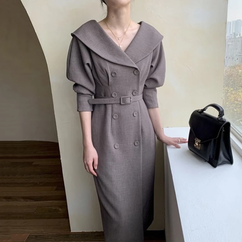Весеннее женское элегантное платье модное двубортное миди офисное Дамское