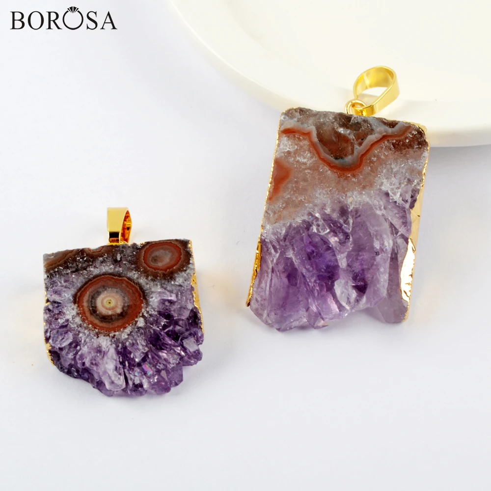 

BOROSA 5Pcs Natural Amethysts Slice Pendants for Necklace Women Freeform Raw Purple Crystal Quartz Charms Jewelry Trendy G1953