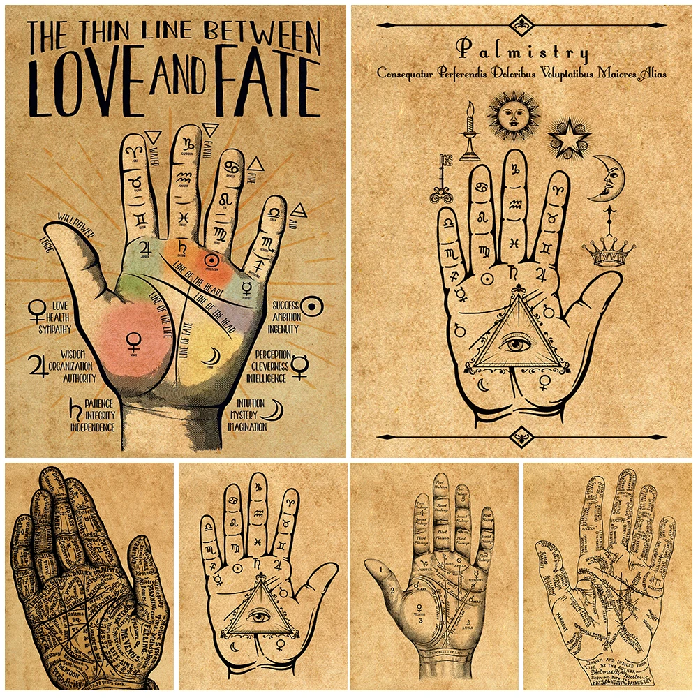 

Witchcraft Astrology Palmistry Vintage Abstract Wall Art Canvas Painting Home Decor Palmprint Witch Element Poster And Prints