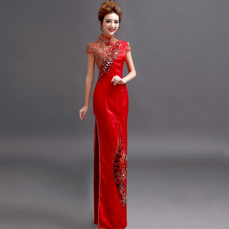Невесты с коротким рукавом шелковый атлас Cheongsam современный китайский