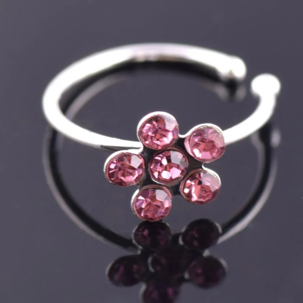 pink Мужские Женские поддельные кристалл пирсинг носа ювелирные изделия для тела Цветочный нос обруч кольцо для носа крошечный цветок спиральный для хряща кольцо на Козелок - Окраска металла: pink