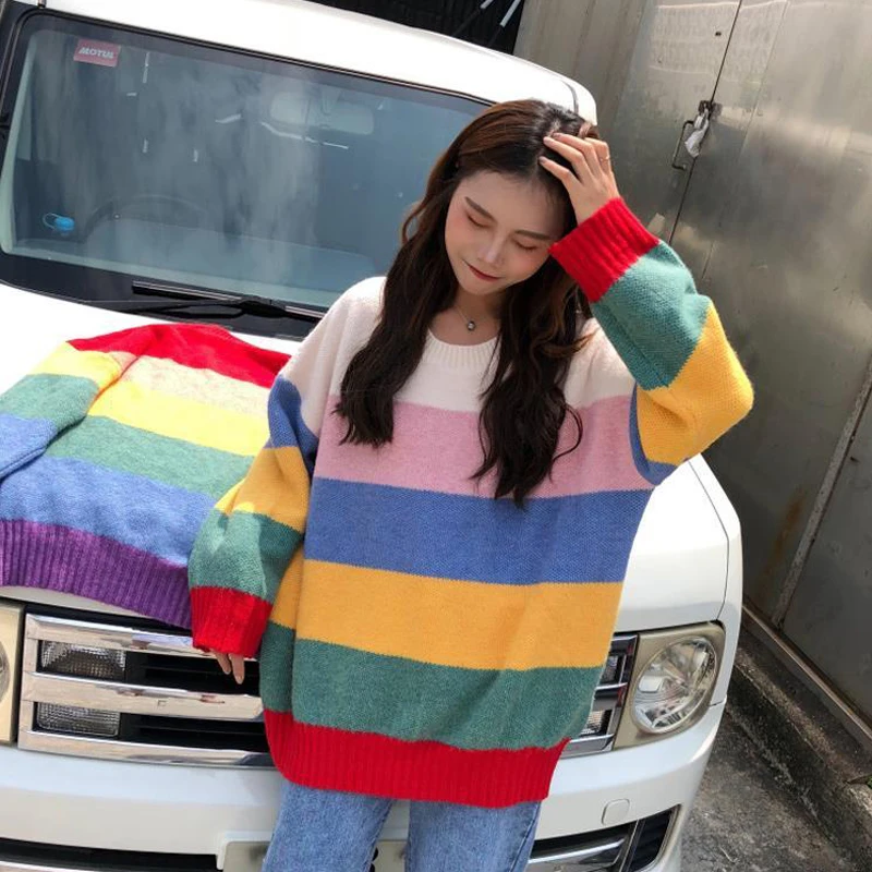 

Autumn Rainbow Sweater Women Harajuku Jumper Striped Pullover Loose Korean Vintage Knitwear Kpop Casual Vintage Sweet Clothes