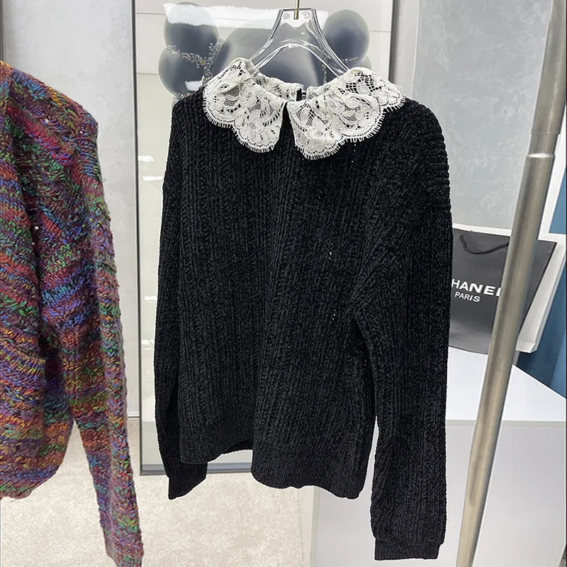 

2021aw Autumn and Winter New EENK Girl Lace Velvet Long-sleeved Sweater