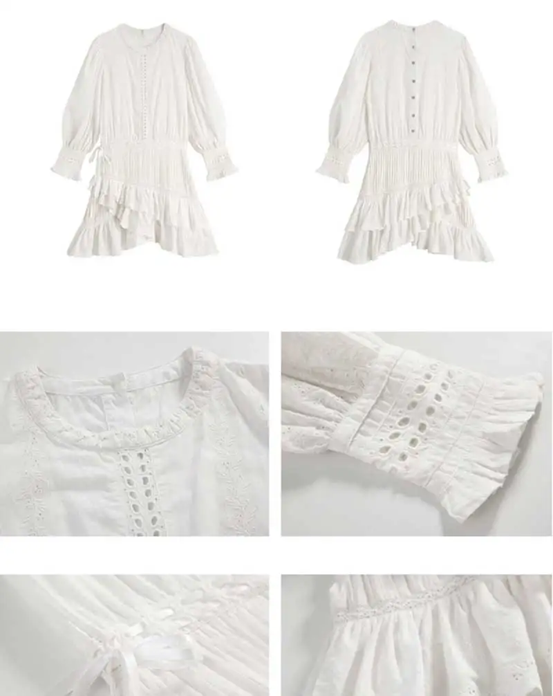 BOHO INSPIRED Lorelei tiered white party dress embroidery ruffle dress women O-neck lantern sleeve mini cotton boho dress