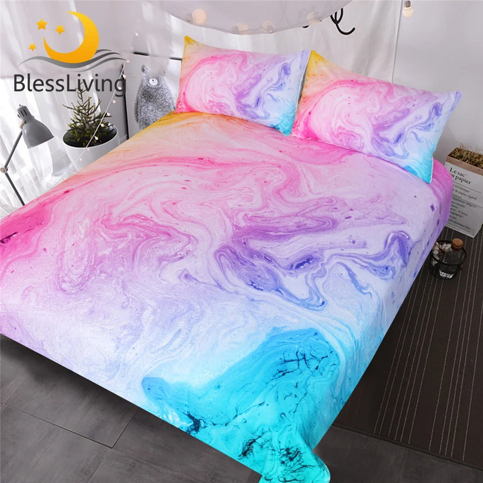 

BlessLiving Colorful Marble Bedding Set Pastel Pink Blue Purple Quicksand Duvet Cover Abstract Art Bed Set Bright Girl Bedspread