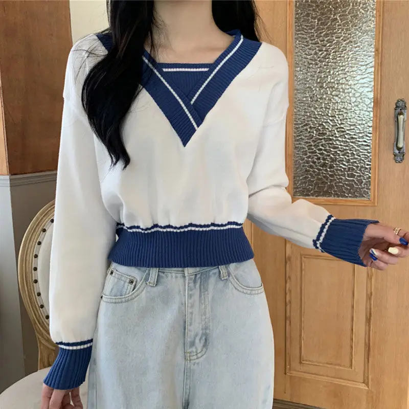 

Короткая трикотажная одежда для женщин, Новинка весна-осень 2021, свитер с длинным рукавом и V-образным вырезом