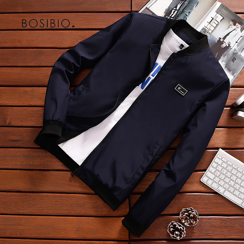 BOSIBIO мужская куртка на лето и осень ветровка с воротником-стойкой синяя