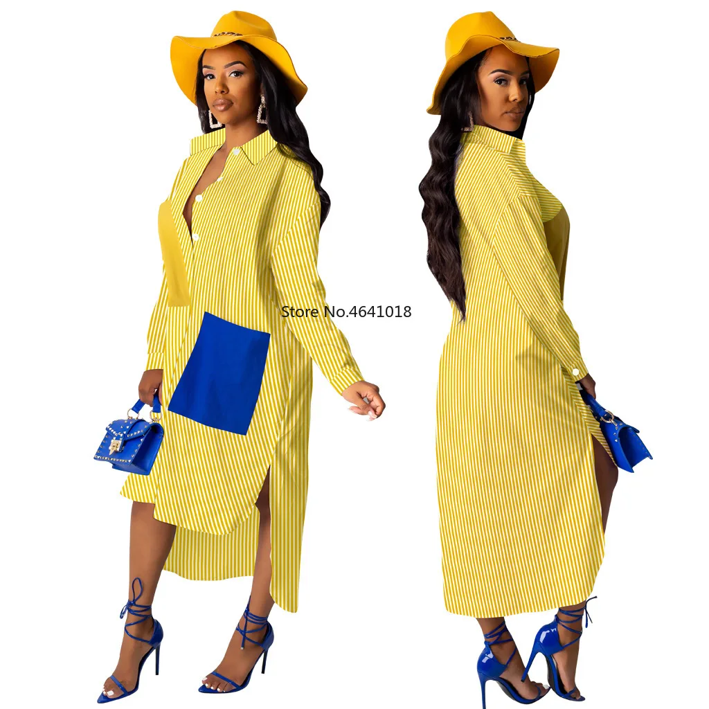 Осеннее женское платье-рубашка в синюю и желтую полоску весеннее длинное платье