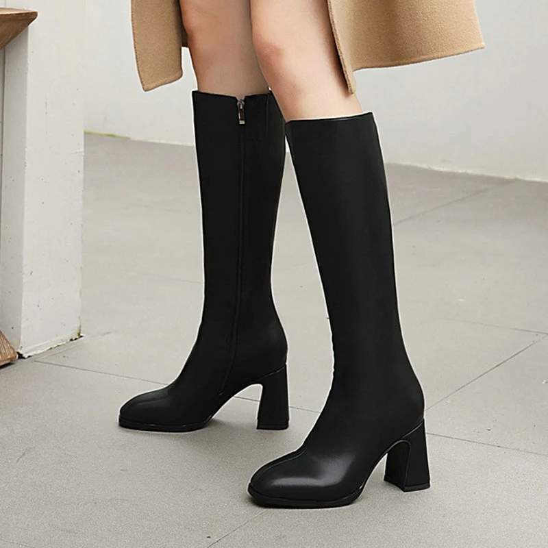 

Winter Women's Shoes Fashion Ladies High Boots High Quality Round Toe Square Heel Side Zipper High Heels Short Plush Lining 2021
