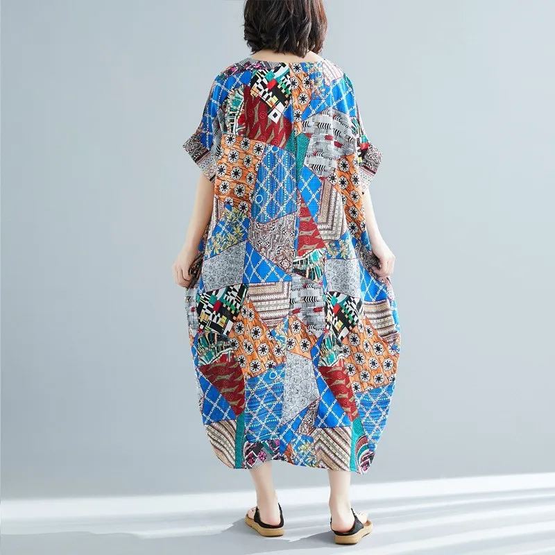 Винтажные народные женские летние длинные платья с принтом пуловер круглым