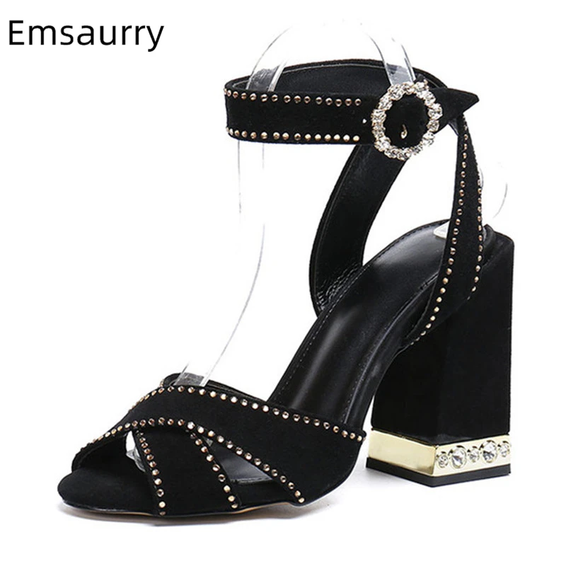 Сандалии женские замшевые с ремешком на щиколотке, туфли с перекрестными ремешками, Хрустальный жемчуг, квадратный каблук, с заклепками, вечерняя Обувь