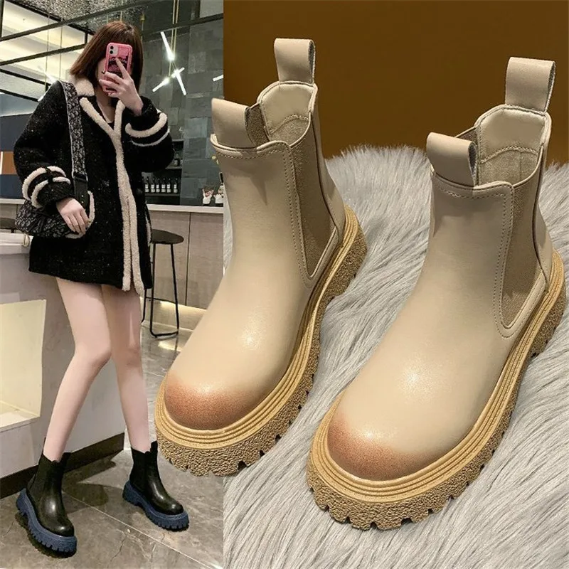 

Демисезонные женские ботинки челси на платформе, классические эластичные ботинки черного цвета, цвета хаки, кожаные ботинки со шнуровкой, ж...