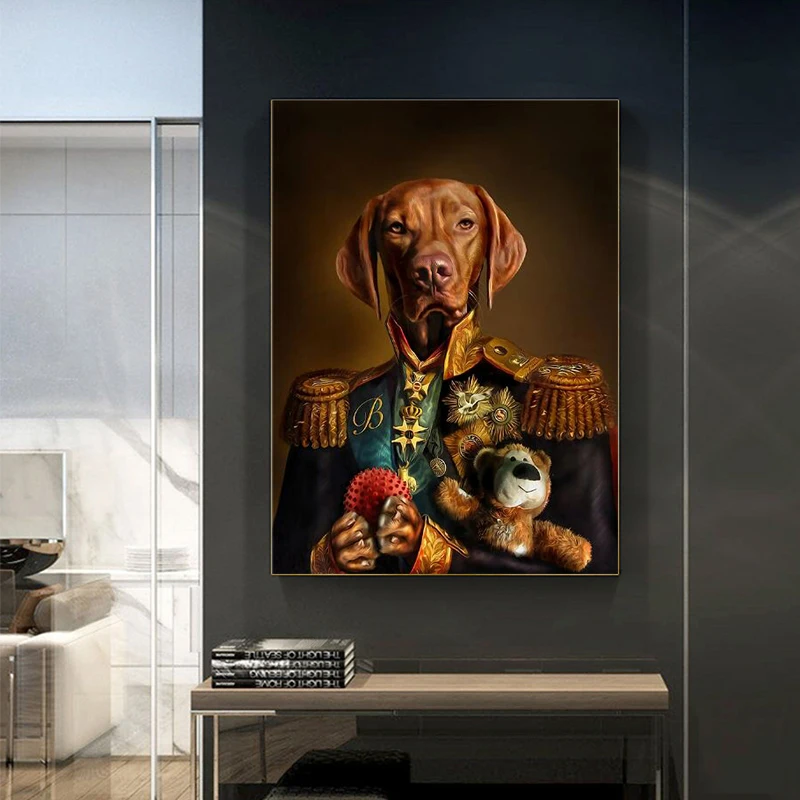 

Classical Animals Dog Canvas Paintings Dog In Military Uniform Posters and Prints Wall Art Pictures for Living Room Home Decor