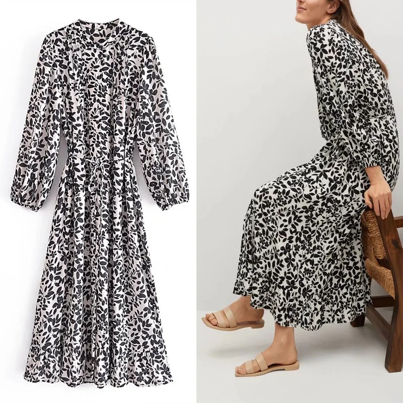 

WSL TRAF ZA Print Spring Dresses Woman's 2022 O-neck Long Sleeve Chic Single-breasted Casual Dress Vintage Midi Dress Streetwear