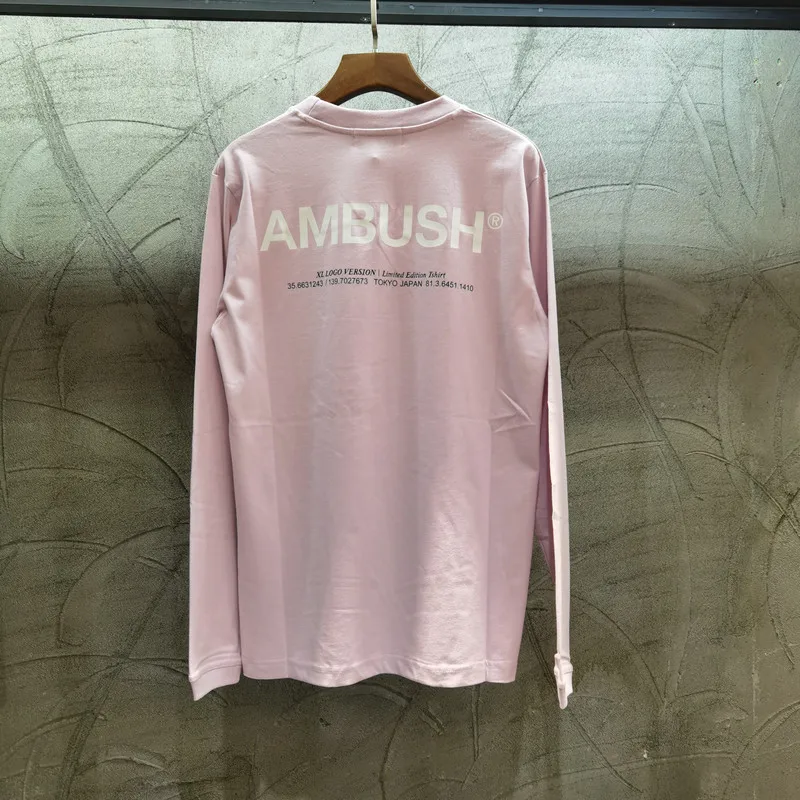 

Apricot Pink Big AMBUSH T-shirt Men Women Solid Color Tags Casual Top Tee AMBUSH Long Sleeve Reflective T Shirt