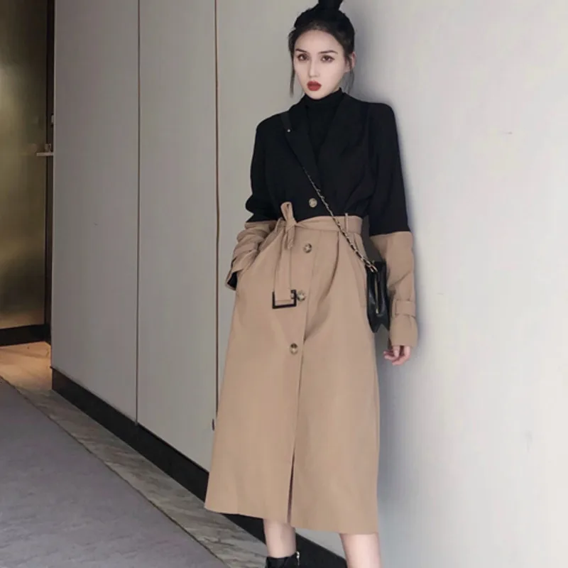 LANMREM 2019 осень и зима новая мода контрастный цвет лацканы длинный рукав ветровка