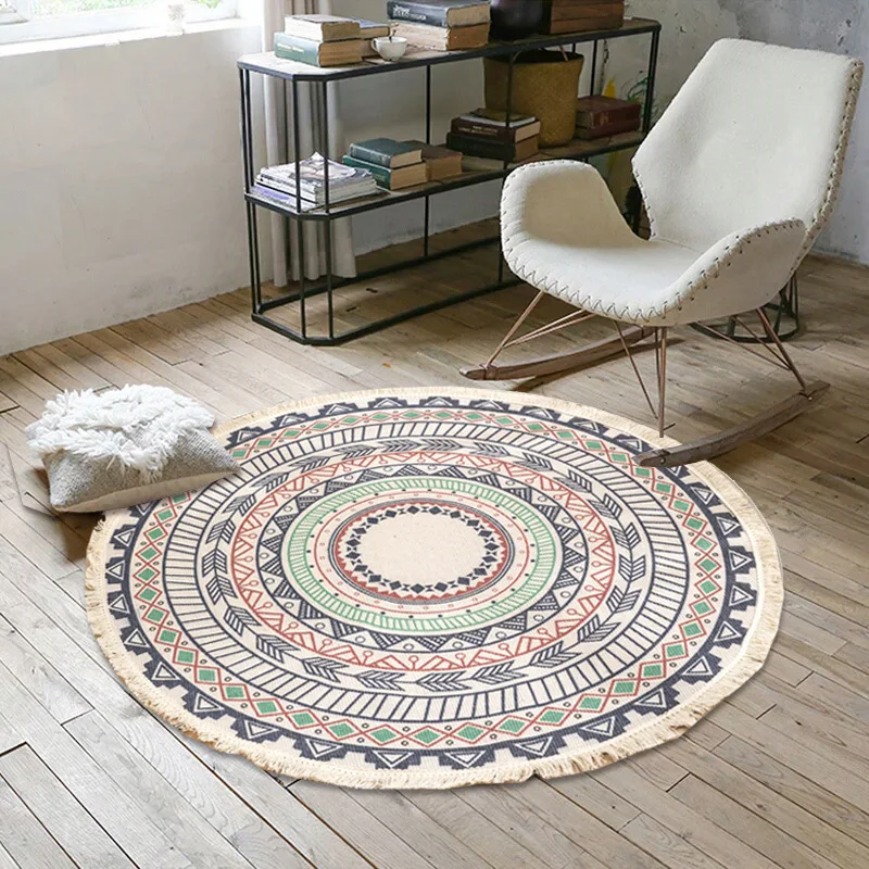 

Boho Carpet Round Cotton Linen Carpet Anti-Slip Floor Mat Mandala Carpets for Living Room Bedroom Bohemian Mat Macrame Area Rugs
