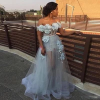 womens long tulle prom party dress off the shoulder flowers wedding gown lace appliques sweep train female garment