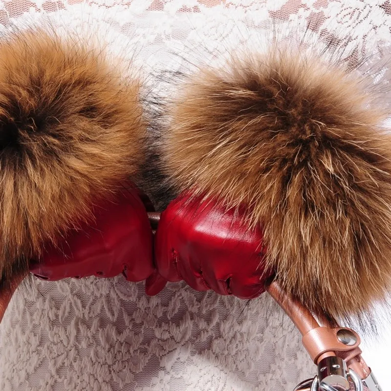 

Women's Winter Luxury Sheepskin Touch Screen Gloves Real Raccoon Fur Genuine Leather Glove Female Black Red Warm Fleece Mittens